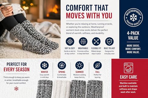 Weatherproof Boot Crew Socks for Womens,Warm,Soft Cotton Blend,Show Size 5-9.5 (4 Pack_ in Saudi Arabia