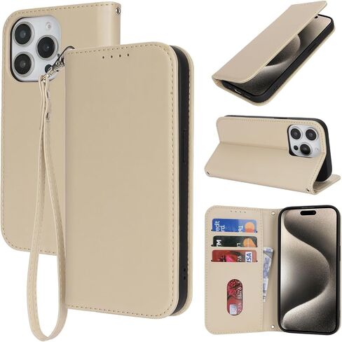 for iPhone 15 Pro Max Wallet Case for Women,for iPhone 15 Pro Max Case with Card Holder and Wrist Strap,PU Leather Shockproof Magnetic Kickstand Flip Phone Case-Black in Kuwait