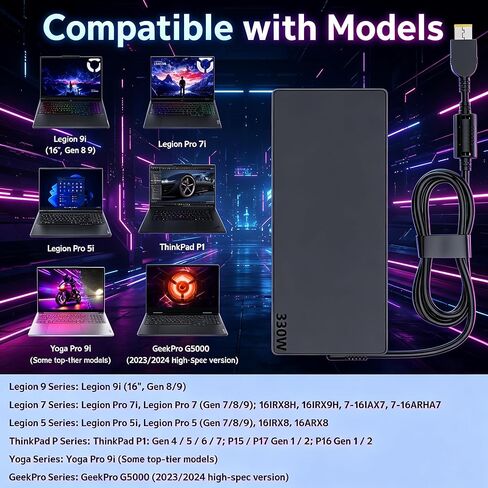 استبدال محول الطاقة النحيف الجديد 330 واط 300 واط لشاحن الكمبيوتر المحمول Lenovo؛ Legion Pro 7 7i 5i 5 16IRX8H، Legion 9 9i Gen 9 16IRX8 83AG L450 L460 L470 L560 L570، GX21M50608، ADL330SDC3A، SA10R16956 5A10W86289 in Kuwait