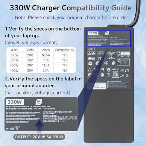 330W GaN 20V 16.5A AC محول شاحن بديل لأجهزة الكمبيوتر المحمول Lenovo، Legion pro 7 7i 5i 9 9i 5 15 16 17 16IRX9 16IRX8 Yoga AIO 7 RTX 4070 4080 4090 GX21M50608 ADL330SDC3A سلك إمداد طاقة رفيع للألعاب in Kuwait
