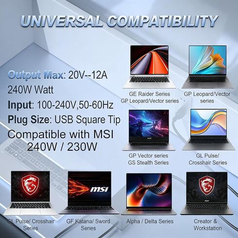 240W 230W USB Tip Gaming Laptop Charger Fit for Chicony MSI Laptop; A17-230P1B GE66 GE76 Raider GP66 GP76 Leopard Creator Pro Z16 HX Studio Z16P Z17 HX Studio A17-230P1A 957-1541XP-108 Power Adapter in Kuwait