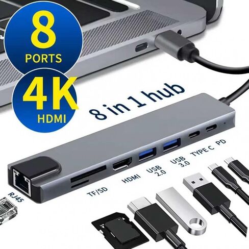 HDMI TV Adapter 8-in-1 USB-C Hub RJ45 Ethernet Port Compatible with Samsung Galaxy S25 Ultra, Type-C PD Charger Card Reader Audio Video Projector Converter Network in Kuwait