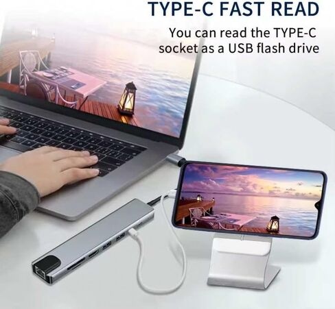 HDMI TV Adapter 8-in-1 USB-C Hub RJ45 Ethernet Port Compatible with Samsung Galaxy S25 Ultra, Type-C PD Charger Card Reader Audio Video Projector Converter Network in Kuwait