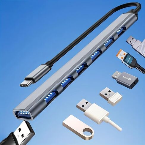 موزع USB 3.0 مع 7 منافذ، محور USB C من الألومنيوم إلى USB 3.0، مناسب لأجهزة MacBook وMac Pro/Mini وiMac وPS4 وPS5 وSurface Pro ومحركات أقراص فلاش (7 منافذ) in Kuwait