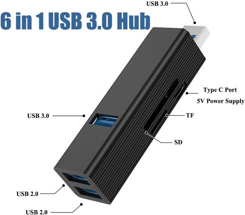 6-in-1 USB 3.0 Hub with SD/TF Card Reader, USB-C 5V Power Input, Multi-Port Adapter for Laptop/PC/Desktop, Supports Simultaneous Connections, Wide Compatibility in Kuwait