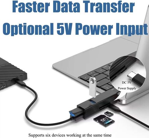 6-in-1 USB 3.0 Hub with SD/TF Card Reader, USB-C 5V Power Input, Multi-Port Adapter for Laptop/PC/Desktop, Supports Simultaneous Connections, Wide Compatibility in Kuwait