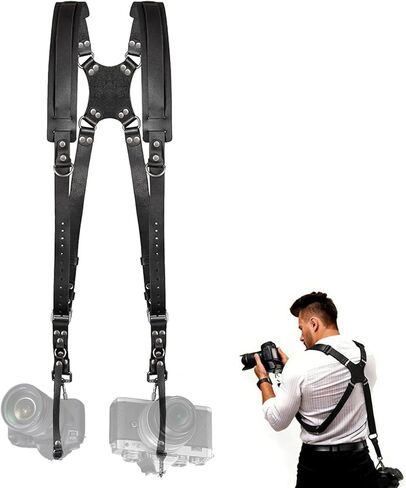 حزام الكاميرا، حزام الكاميرا المزدوج للمصورين، حزام كاميرا مزدوج من الجلد لكاميرتين DSLR/SLR، قابل للتعديل in Kuwait