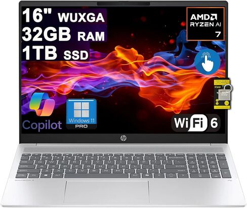 كمبيوتر محمول HP OmniBook 5 AI PC مقاس 16 بوصة WUXGA IPS Touch AMD 8-core Ryzen AI 7 350 (ما يصل إلى 50 سطحًا) ذاكرة وصول عشوائي 32 جيجابايت و1 تيرابايت SSD لمصمم الأعمال الاحترافي بإضاءة خلفية Wi-Fi 6 Win11Pro ICP Hub in Kuwait