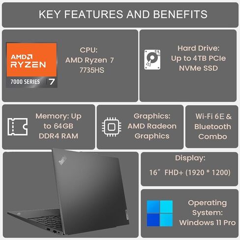 كمبيوتر محمول Lenovo ThinkPad E16 G2، شاشة 16 بوصة FHD+، AMD 8-Core Ryzen 7 7735HS، ذاكرة الوصول العشوائي DDR5 سعة 16 جيجابايت، 1 تيرابايت PCIe SSD، WiFi 6E، Windows 11 Pro in Kuwait