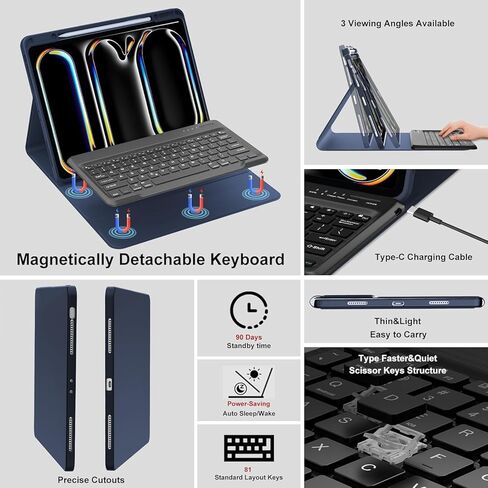 حافظة لوحة مفاتيح WINCHKING لجهاز iPad Pro 13 بوصة (M4) 2024، لوحة مفاتيح لاسلكية مغناطيسية قابلة للفصل، غطاء واقٍ ذكي لجهاز iPad مع حامل أقلام لجهاز iPad Pro 13 بوصة (M4)، أزرق داكن in Kuwait