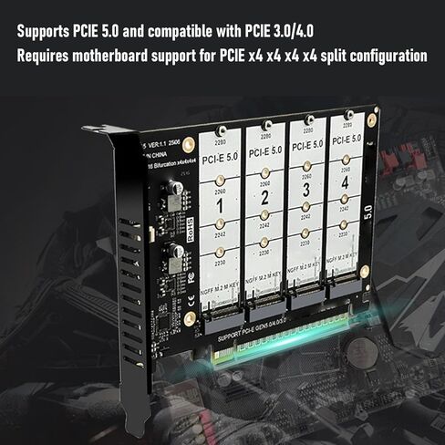 EBTOOLS M.2 PCIe Adapter Card, 4 Slots NVMe SSD Expansion Card with 4x128Gbps Speed and LED Indicators, Supports PCIe 3.0 4.0 5.0 and M.2 NVMe SSDs, for Desktop PC in Kuwait