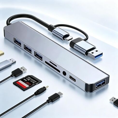 USB C Hub USB 3.0 Multiport 8 in 1 with SD Card Reader and 3.5mm Audio Jack for Type C Laptops PC Tablets Travel Office, 8in1 in Kuwait
