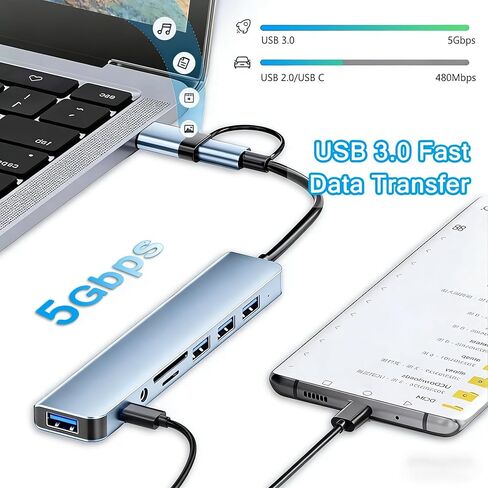 USB C Hub USB 3.0 Multiport 8 in 1 with SD Card Reader and 3.5mm Audio Jack for Type C Laptops PC Tablets Travel Office, 8in1 in Kuwait