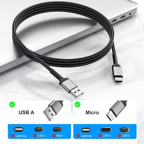 كابل Micro USB بطول 6 أقدام لجهاز Samsung Galaxy S6، وحدة تحكم PS4، شاحن Android القديم، استبدال سلك شحن USB A إلى USB عالي السرعة لجهاز Kindle - أسود in Kuwait
