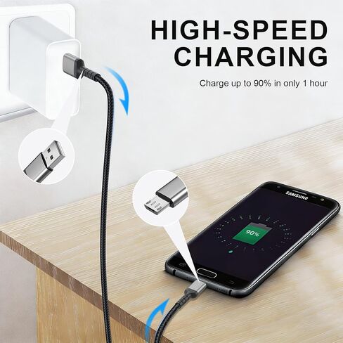 كابل Micro USB بطول 6 أقدام لجهاز Samsung Galaxy S6، وحدة تحكم PS4، شاحن Android القديم، استبدال سلك شحن USB A إلى USB عالي السرعة لجهاز Kindle - أسود in Kuwait