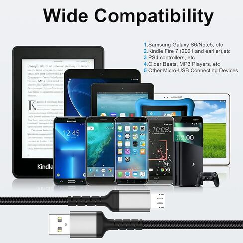 كابل Micro USB بطول 6 أقدام لجهاز Samsung Galaxy S6، وحدة تحكم PS4، شاحن Android القديم، استبدال سلك شحن USB A إلى USB عالي السرعة لجهاز Kindle - أسود in Kuwait