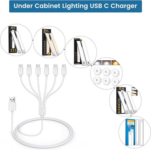 كابل شاحن USB C لإضاءة الخزانة القابلة لإعادة الشحن، سلك شحن ضوء مستشعر الحركة مع 6 منافذ شحن من النوع C، مع محول طاقة in Kuwait
