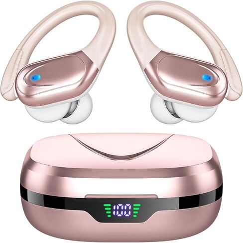 سماعات بلوتوث رياضية HAOYUYAN، سماعات أذن لاسلكية وقت تشغيل 80 ساعة مع شاشة عرض طاقة LED، وسادات أذن لإلغاء الضوضاء (وردي معدني) in Kuwait