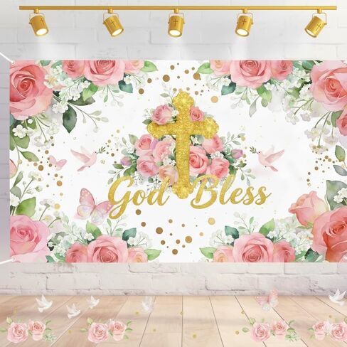 Baptism Decorations God Bless Backdrop with 3D Honeycomb Centerpieces, First Communion Bautizo Decorations Party Supplies for Girls, Christening Decor with Tablecloth Banner Balloons in Kuwait