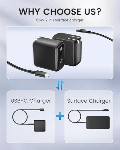 65W GaN Surface Pro Charger Microsoft Surface Charger for Surface Pro 12 11 X 10 9 8 7+ 7 6 5 4 3 Power Supply Compatible with Surface Book/Laptop/Tablet Series Support Other C Port Devices in Kuwait