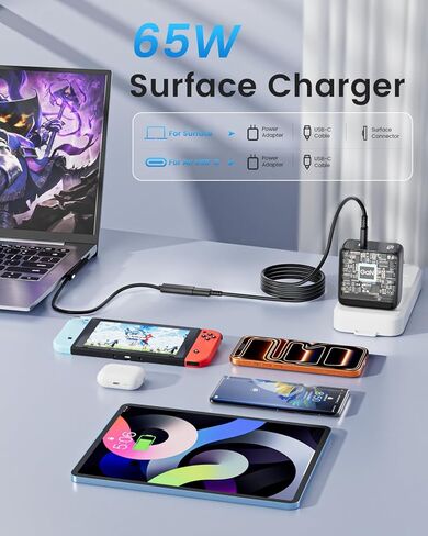 65W GaN Surface Pro Charger Microsoft Surface Charger for Surface Pro 12 11 X 10 9 8 7+ 7 6 5 4 3 Power Supply Compatible with Surface Book/Laptop/Tablet Series Support Other C Port Devices in Kuwait