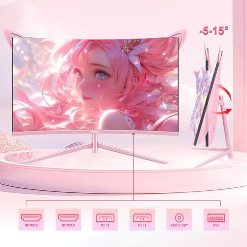شاشة ألعاب FYHXele مقاس 27 بوصة، شاشة منحنية باللون الوردي 1800R، FHD-1920X1080P، 165 هرتز، 1 مللي ثانية، شاشة IPS سريعة، شاشة FreeSync Hdmi مع شاشة كمبيوتر رفيعة للغاية، HDMI/DP/USB Vesa/شاشة كمبيوتر مثبتة على الحائط - وردي in Kuwait