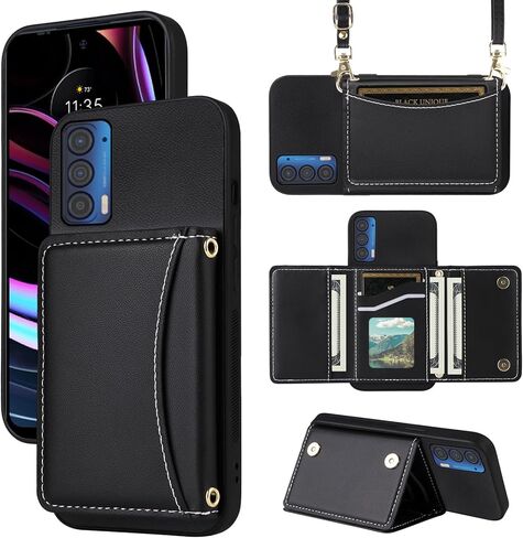 Wallet Case for Motorola Moto Edge 2021/MotoEdge 5G UW 2021 with Crossbody Strap Premium PU Leather Card Holder Shockproof Heavy Duty Full Body Accessories Cell Phone Cover for XT2141-1 Black in Saudi Arabia