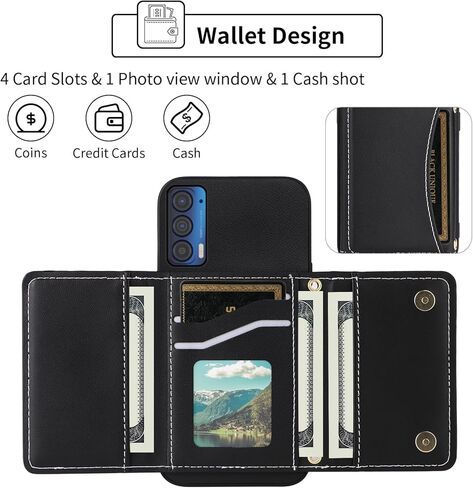 Wallet Case for Motorola Moto Edge 2021/MotoEdge 5G UW 2021 with Crossbody Strap Premium PU Leather Card Holder Shockproof Heavy Duty Full Body Accessories Cell Phone Cover for XT2141-1 Black in Saudi Arabia