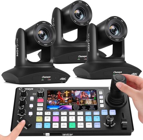 Chameye 4K PTZ Camera NDI AI Auto-Tracking, 20X Optical Zoom, M500 Video Mixer Switcher 4K, Multi-Camera Live Streaming for Church Worship Education Conference, C420TX3+M500 in Kuwait