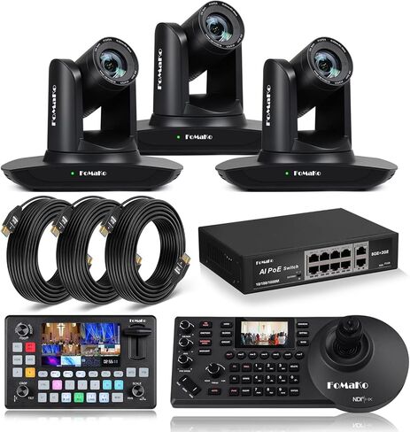 كاميرا FoMaKo HDMI PTZ، الجيل الثالث من التتبع التلقائي بالذكاء الاصطناعي، تكبير بصري 20x، للبث المباشر لتقارير الوسائط والأخبار، حزمة الإعداد الكاملة (FMK12UH Pro(20x)-BX3+KC601 Pro+KC608 Pro+P1000+FMKH107X3) in Kuwait