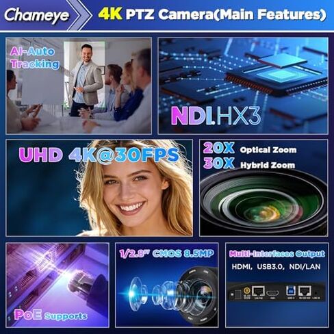 كاميرا Chameeye 4K NDI PTZ مع تتبع AI-Auto، زووم بصري 20X، محول فيديو M500 HDMI، وحدة تحكم PTZ مدمجة بدقة 4K لخدمة البث المباشر لمؤتمر عبادة الكنيسة (C420TX2+M500) in Kuwait