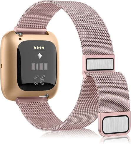 سوار معدني متوافق مع سوار Fitbit Versa 2/Fitbit Versa Bands للنساء والرجال، سوار معصم شبكي من الفولاذ المقاوم للصدأ حزام بديل لـ Fitbit Versa 2/Versa Lite/Versa SE، وردي وردي in Kuwait
