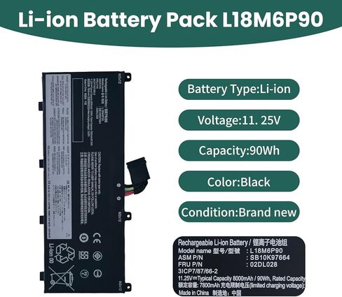 استبدال بطارية الكمبيوتر المحمول L18M6P90 L18C6P90 لجهاز Lenovo ThinkPad P53 Series Notebook SB10K97664 02DL028 02DL029 SB10K97665 5B10W13901 5B10W13902 [11.25V 90Wh] in Kuwait