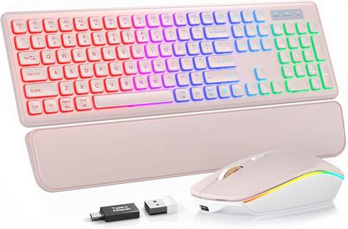 مجموعة لوحة مفاتيح وماوس لاسلكية، إضاءة خلفية RGB، حروف قابلة لإعادة الشحن والإضاءة، حجم كامل، كتابة ناعمة، وضع السكون، مجموعة لوحة مفاتيح هادئة 2.4 جيجا هرتز لأجهزة Mac، Windows، الكمبيوتر المحمول، الكمبيوتر الشخصي، Trueque KM42Pro in Kuwait