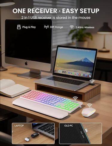 مجموعة لوحة مفاتيح وماوس لاسلكية، إضاءة خلفية RGB، حروف قابلة لإعادة الشحن والإضاءة، حجم كامل، كتابة ناعمة، وضع السكون، مجموعة لوحة مفاتيح هادئة 2.4 جيجا هرتز لأجهزة Mac، Windows، الكمبيوتر المحمول، الكمبيوتر الشخصي، Trueque KM42Pro in Kuwait