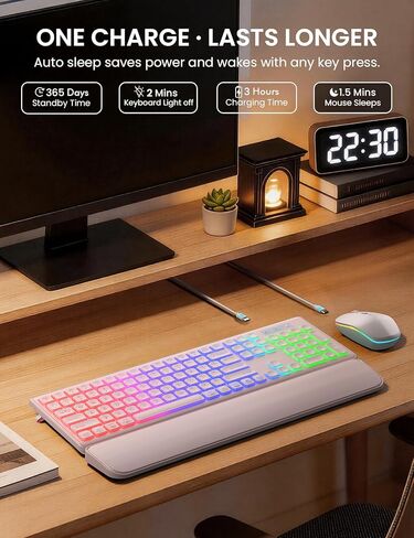 مجموعة لوحة مفاتيح وماوس لاسلكية، إضاءة خلفية RGB، حروف قابلة لإعادة الشحن والإضاءة، حجم كامل، كتابة ناعمة، وضع السكون، مجموعة لوحة مفاتيح هادئة 2.4 جيجا هرتز لأجهزة Mac، Windows، الكمبيوتر المحمول، الكمبيوتر الشخصي، Trueque KM42Pro in Kuwait