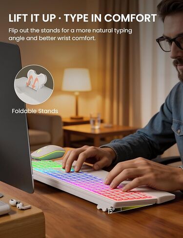 مجموعة لوحة مفاتيح وماوس لاسلكية، إضاءة خلفية RGB، حروف قابلة لإعادة الشحن والإضاءة، حجم كامل، كتابة ناعمة، وضع السكون، مجموعة لوحة مفاتيح هادئة 2.4 جيجا هرتز لأجهزة Mac، Windows، الكمبيوتر المحمول، الكمبيوتر الشخصي، Trueque KM42Pro in Kuwait