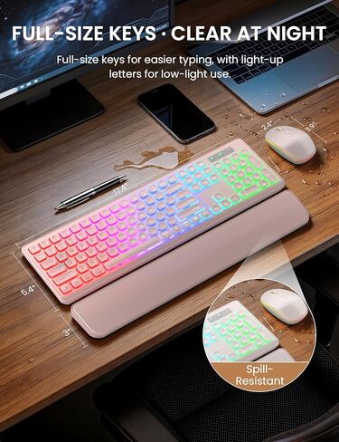 مجموعة لوحة مفاتيح وماوس لاسلكية، إضاءة خلفية RGB، حروف قابلة لإعادة الشحن والإضاءة، حجم كامل، كتابة ناعمة، وضع السكون، مجموعة لوحة مفاتيح هادئة 2.4 جيجا هرتز لأجهزة Mac، Windows، الكمبيوتر المحمول، الكمبيوتر الشخصي، Trueque KM42Pro in Kuwait