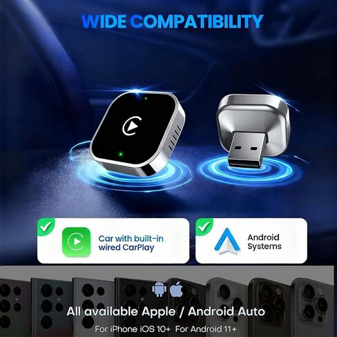Wireless CarPlay Adapter & Android Auto Dongle, Shiny Silver，Fast Auto-Connect, Compact Plug & Play Wireless CarPlay Converter for iPhone & Android, USB/USB-C, No Delay, Seamless Reconnection in Kuwait