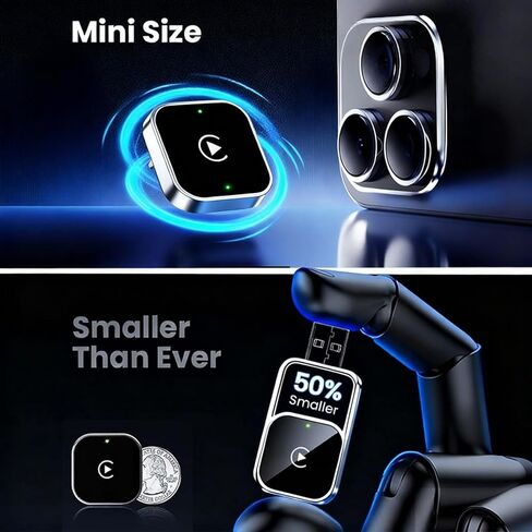 Wireless CarPlay Adapter & Android Auto Dongle, Shiny Silver，Fast Auto-Connect, Compact Plug & Play Wireless CarPlay Converter for iPhone & Android, USB/USB-C, No Delay, Seamless Reconnection in Kuwait