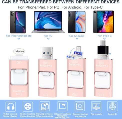 128GB Flash Drive for Phone/pad/Android/PC/Laptop,USB Drive Memory Picture Storage External Drive,Need APP(Pink) in Kuwait