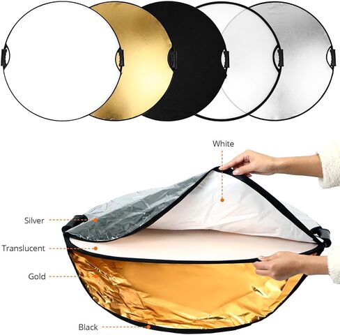 QWORK 32" (80cm) 5-in-1 Collapsible Light Reflector & Diffuser - Translucent, Silver, Gold, White, Black, Multi Disc Photography Reflector for Studio Outdoor Photography in Kuwait