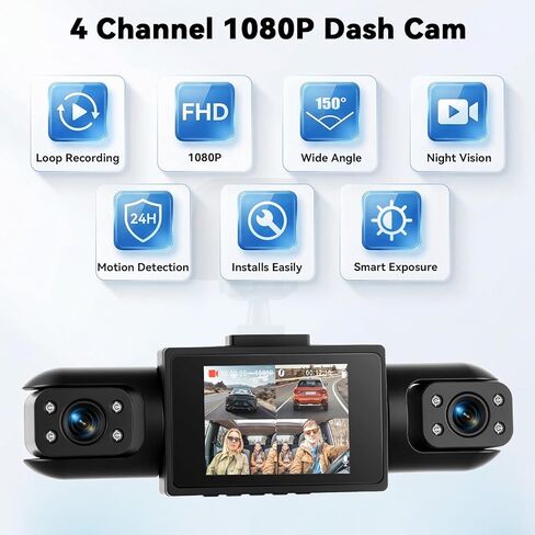 360° 4 Channel 1080P Dash Cam Front and Rear Inside Left Right, 2“ IPS Dash for Cars, Built-in Loop Recording & G-Sensor, 24/7 Recording Parking,Motion Detection,Night Vision,Reversing Help (No WiFi) in Kuwait