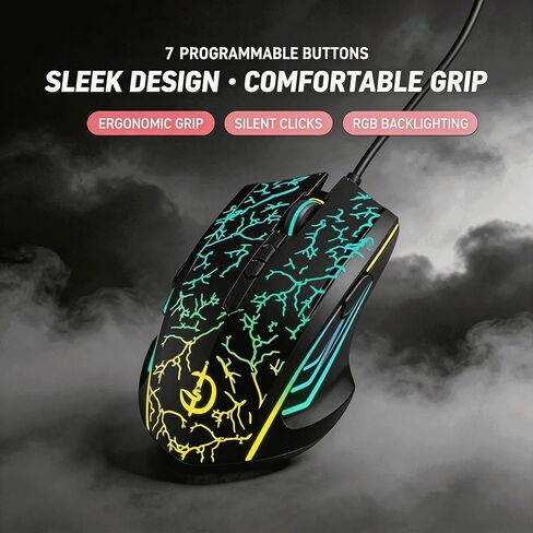 【 Switchable Mouse Light & Mute - USB 】 Gaming Laptop Optical Wired Mouse, RGB Lighting Effect, Adjustable Four Level Optical Sensor, DPI up to 3200, Suitable for Windows 7/8/10/XP Vista Linux System in Kuwait