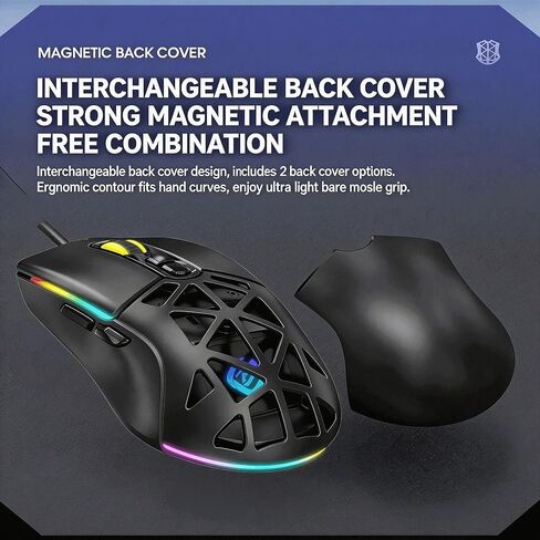 【 Plug and Play - Interchangeable Magnetic Back Cover 】 2026 Upgraded High-Performance Wired Gaming Mouse, 7200 DPI, RGB, Anti Slip Roller, 59 Inch Cable, Ergonomic Design, Suitable for PC/Mac in Kuwait