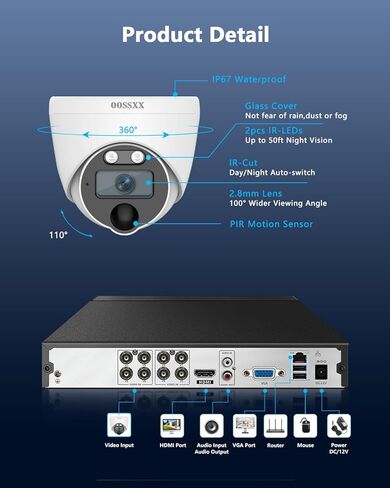 نظام كاميرا مراقبة CCTV سلكية 4K، طقم DVR 8CH HD، 8X Dome IP66 كاميرات داخلية وخارجية مع موصلات مقاومة للماء، رؤية ليلية بالأشعة تحت الحمراء بطول 65 قدمًا، تطبيق مجاني، بدون رسوم اشتراك، وصول عن بعد in Kuwait