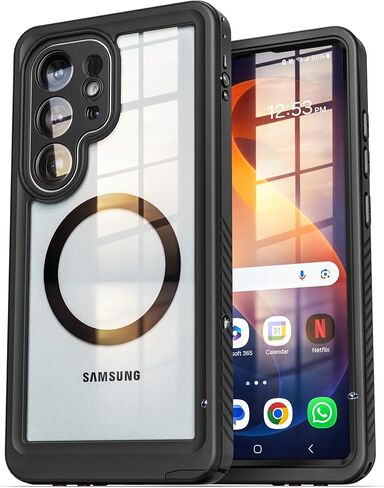 حافظة مقاومة للماء مصممة لهاتف Samsung Galaxy S26 Ultra (IP68) حافظة هاتف واقية لكامل الجسم مع واقي شاشة مدمج ومتوافق مع MagSafe (شفاف/أسود) in Kuwait