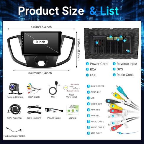 ستيريو سيارة Leadfan لسيارة Ford Transit 2013 2014 2015 2016 2017 2018 2019 مع CarPlay Android Auto، شاشة لمس 9 بوصة لكاميرا احتياطية Transit Bluetooth GPS SWC (لسيارة Ford Transit 2013-2019) in Kuwait