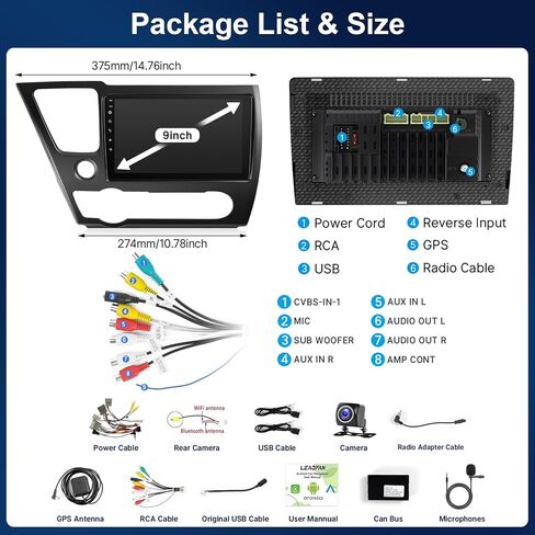 راديو سيارة Leadfan Android لسيارة Honda Civic 2013 2014 2015 2016 2017 متوافق مع JBL Wireless CarPlay Android Auto، شاشة لمس IPS مقاس 9 بوصة مع بلوتوث WiFi GPS Navi SWC MirrorLink كاميرا احتياطية MIC in Kuwait