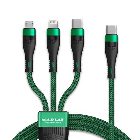 M A D LAB Multi Charging Cable; 100W Fast Charging; 480Mbps Data (Type C); Nylon Braided; 4;3 Ft USB C to USB C; USB C to Micro USB; USB C to Lightning Cable for iPhone; iPad; Android; Laptop; Tablet in Kuwait
